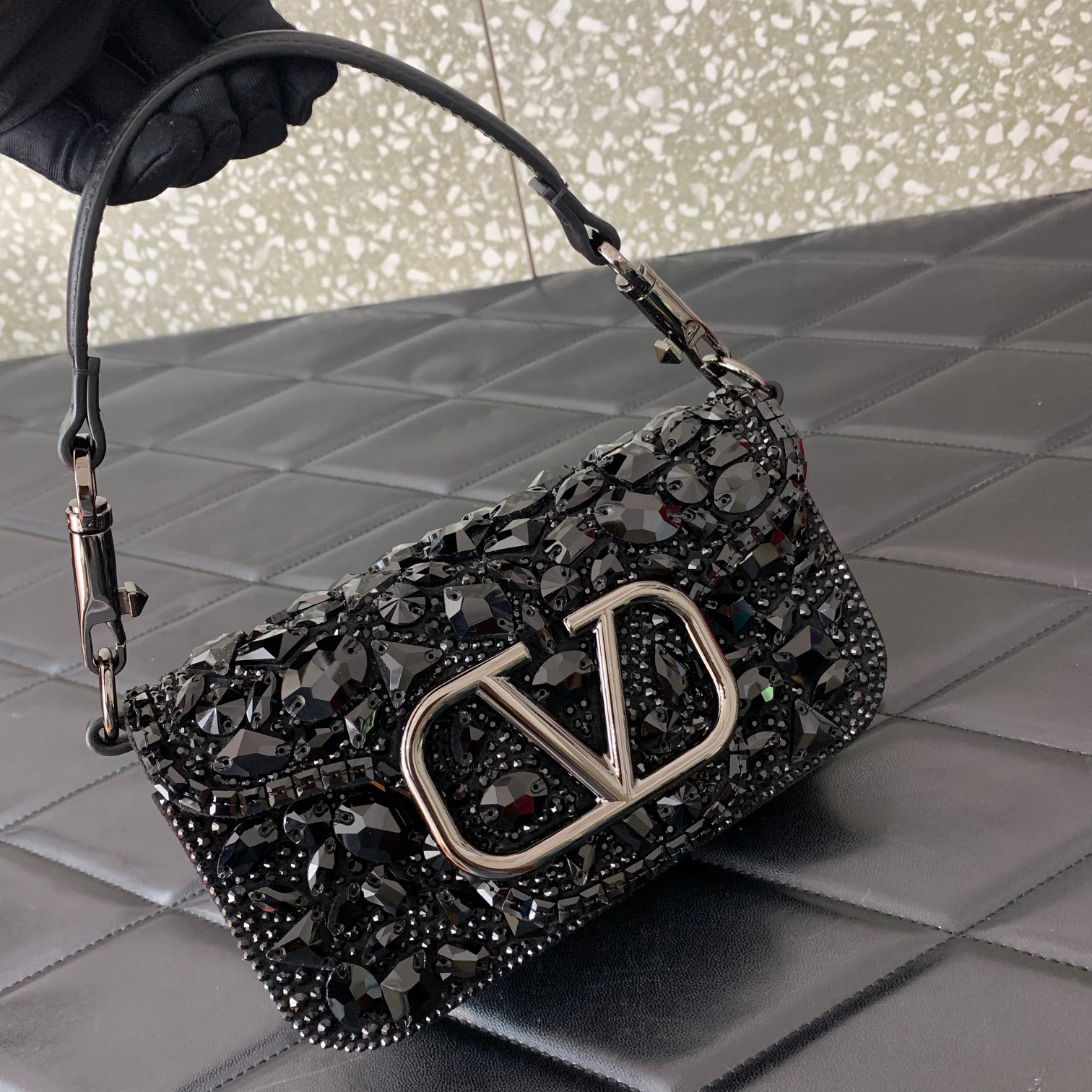 Valentino Garavani Loco Small Shoulder Bag Covered in Black Crystals 